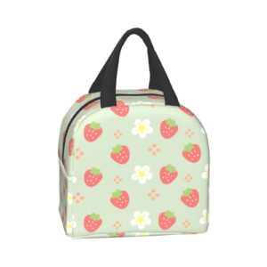 Ucsaxue Green Strawberry and Flowers Lunch Bag Small Insulated Lunch Box with Front Pocket Aesthetic Lunch Bags for Girls Boys Freezable Bento Box Women Men Lunch Boxes