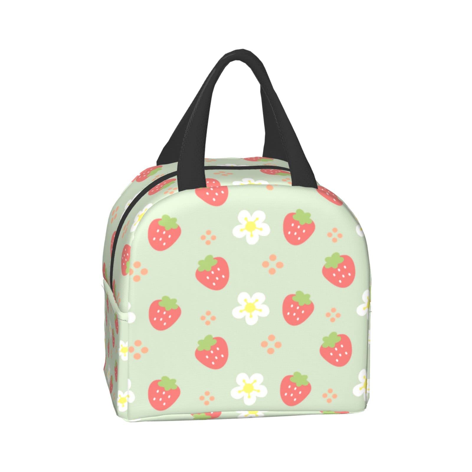 Ucsaxue Green Strawberry and Flowers Lunch Bag Small Insulated Lunch Box with Front Pocket Aesthetic Lunch Bags for Girls Boys Freezable Bento Box Women Men Lunch Boxes