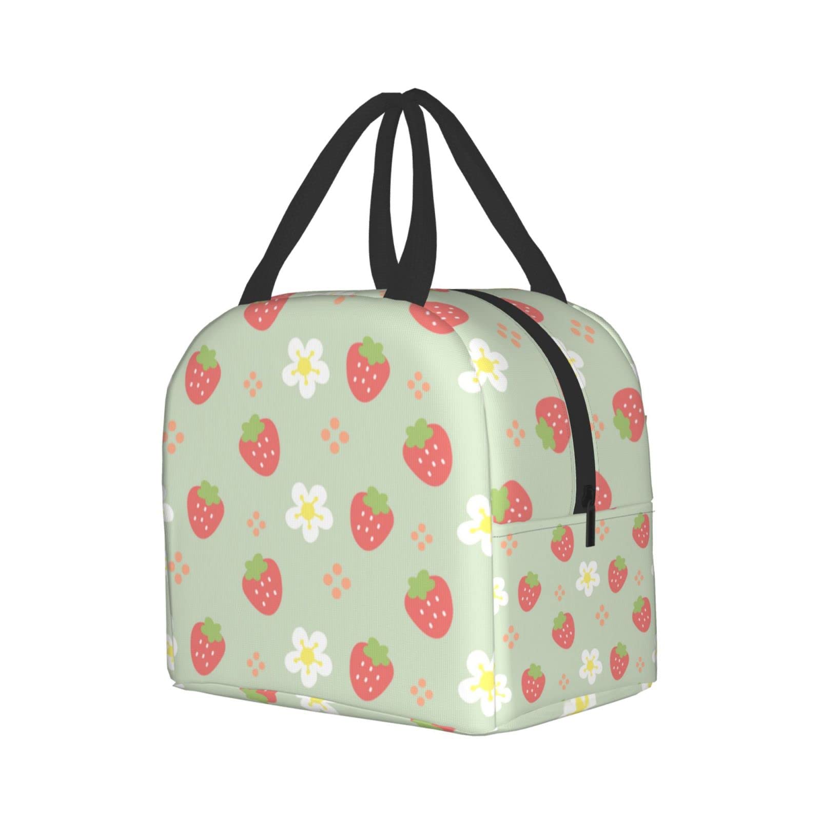 Ucsaxue Green Strawberry and Flowers Lunch Bag Small Insulated Lunch Box with Front Pocket Aesthetic Lunch Bags for Girls Boys Freezable Bento Box Women Men Lunch Boxes