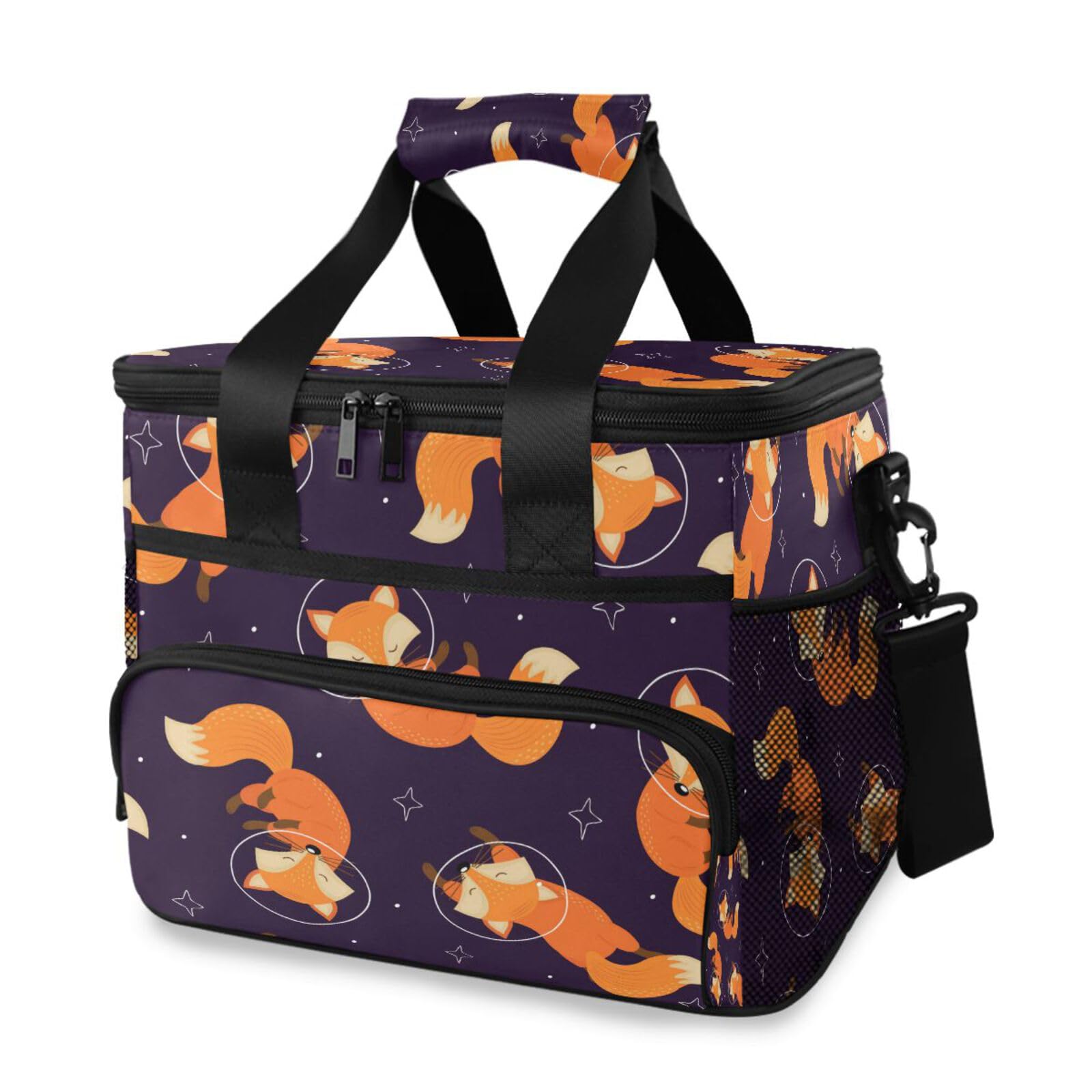 Cute Animal Fox Star Pattern Picnic Lunch Bag for Women Men, Waterproof Cooler Lunch Tote Bag Large Insulated Lunch Box Organizer with Shoulder Strap for Office Work Travel Camping