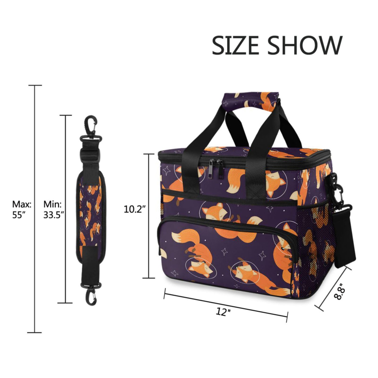 Cute Animal Fox Star Pattern Picnic Lunch Bag for Women Men, Waterproof Cooler Lunch Tote Bag Large Insulated Lunch Box Organizer with Shoulder Strap for Office Work Travel Camping