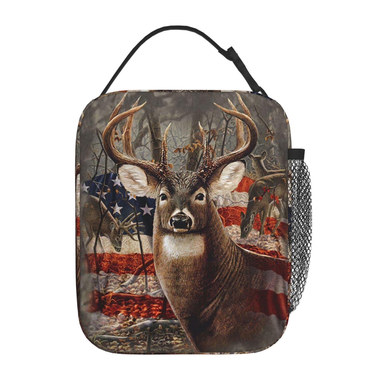 HIONHSW Retro Deer American Flag Lunch Box Insulated Lunch Bags Zipper Lunch Bag Cooler Tote Bag for Teens Girls Boys Men Women Office Picnic