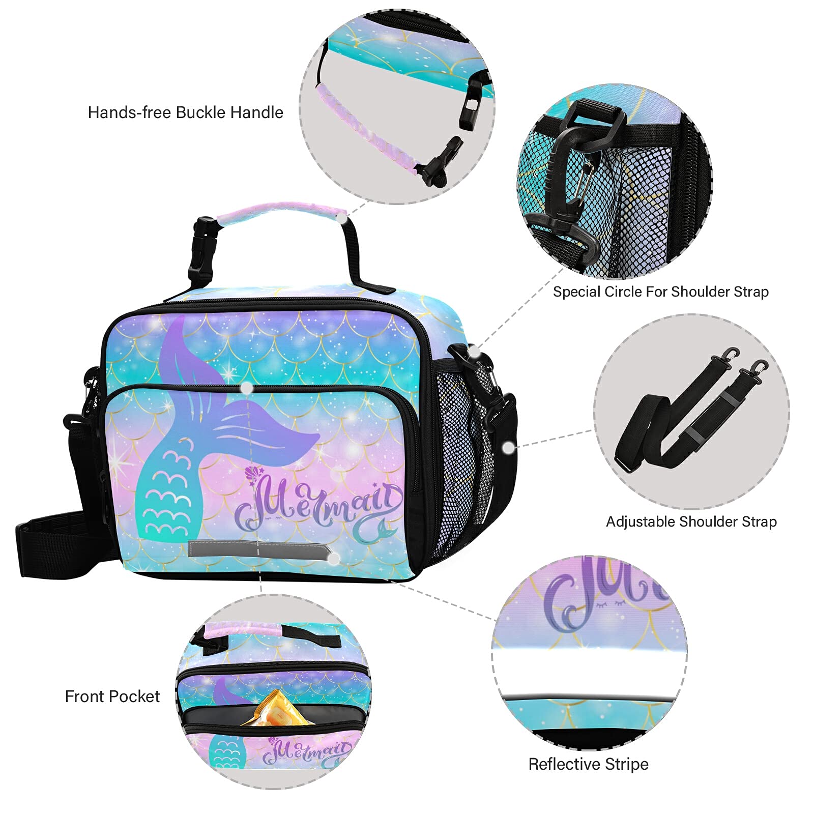 ALAZA Mermaid Girls Lunch Box Insulated Lunchbox Kids Girl Lunch Bag Portable Reusable Lunch Cooler Bag with Strap