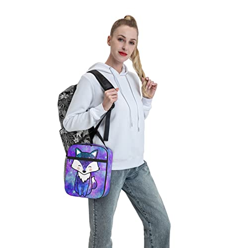 FREE LION Cute Fox Insulated Lunch Bag Blue Purple Pink Galaxy Lunch Box Reusable Lunch Tote Bento for Office Work School Picnic Beach, Leakproof Freezable Cooler Bag for Men Women Teens Kids