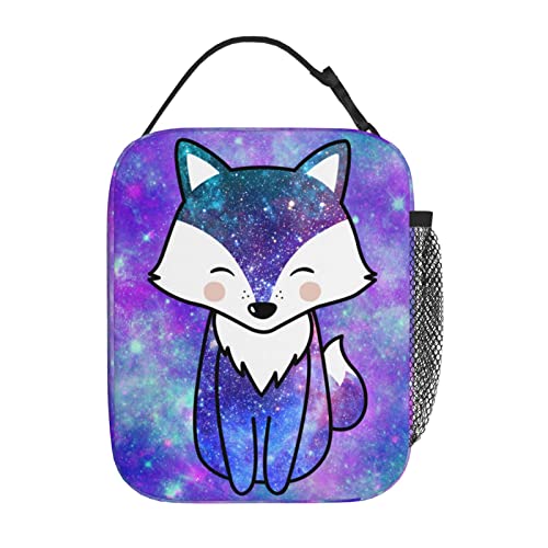 FREE LION Cute Fox Insulated Lunch Bag Blue Purple Pink Galaxy Lunch Box Reusable Lunch Tote Bento for Office Work School Picnic Beach, Leakproof Freezable Cooler Bag for Men Women Teens Kids