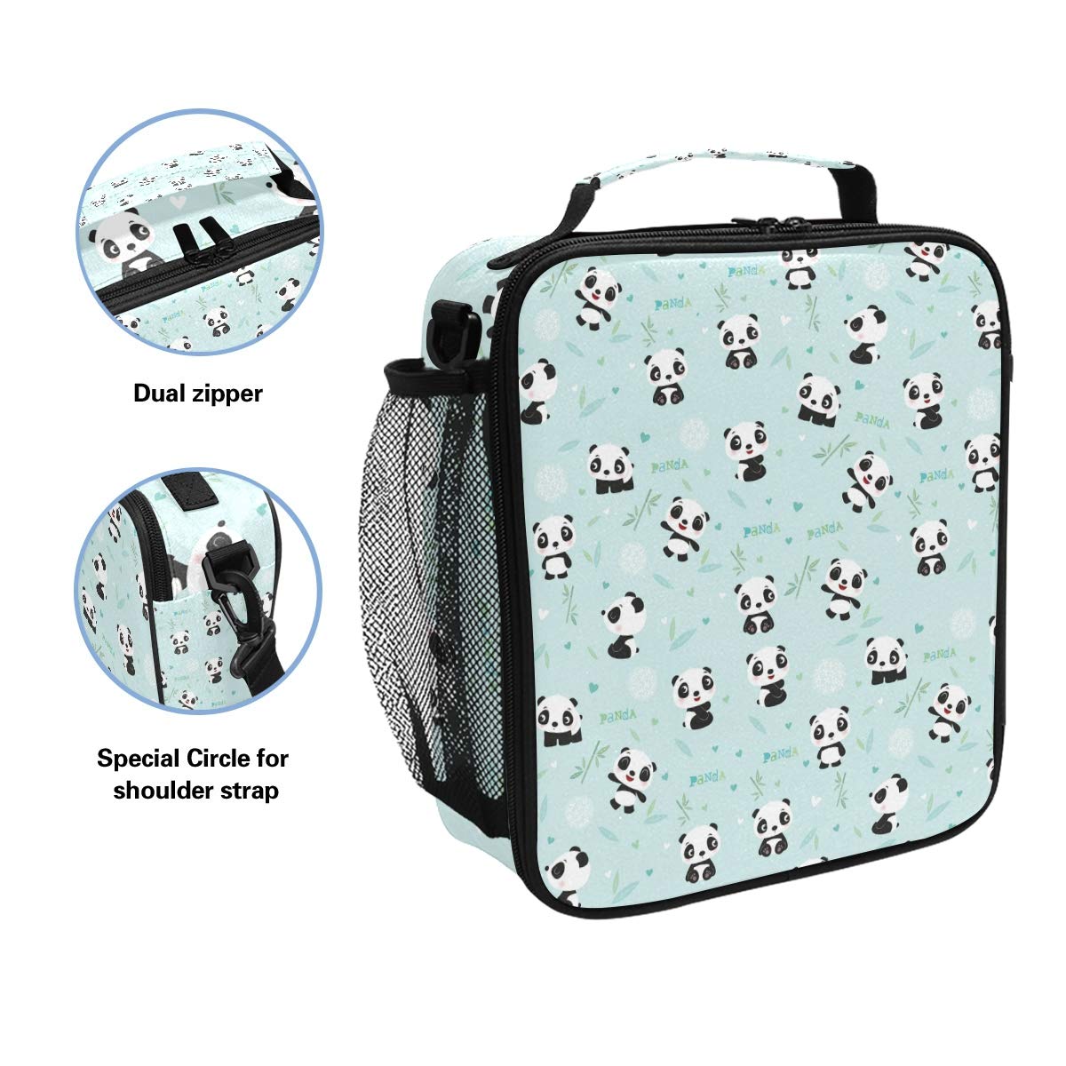 Nander Cartoon Panda Bamboo Lunch Box for Girls Mens Kids Thermal Insulation Lunch Tote Bag with Shoulder Strap for Work