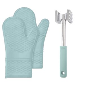 gorilla grip silicone oven mitts set and meat tenderizer, both in mint color, oven mitts are heat resistant, meat tenderizer has smooth and textured side, 2 item bundle