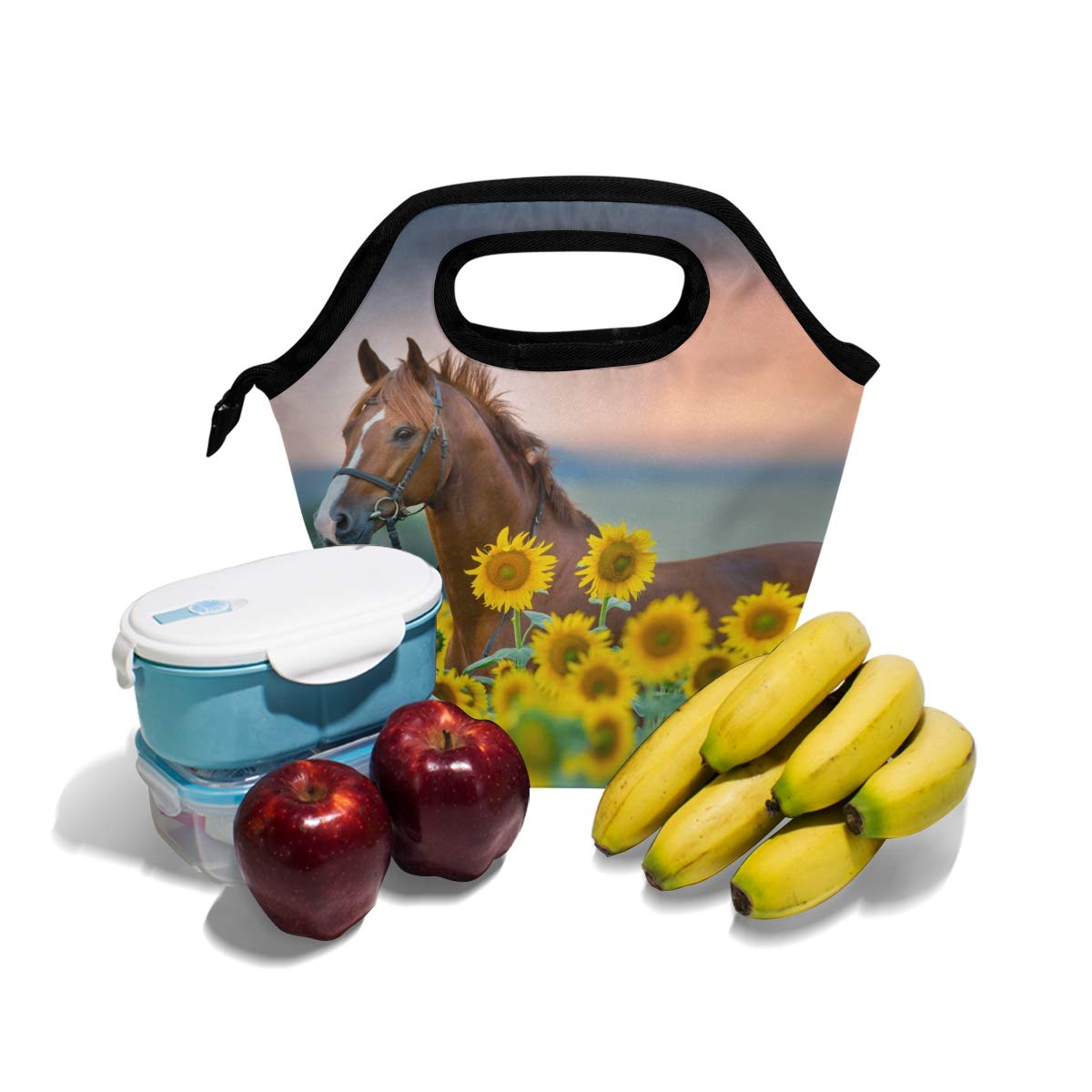 senya Lunch Bag Horse Sunflowers Printed Neoprene Tote Reusable Insulated Gourmet Lunchbox Container Organizer School Picnic Carrying For Men, Women, Adults, Kids, Girls, Boys