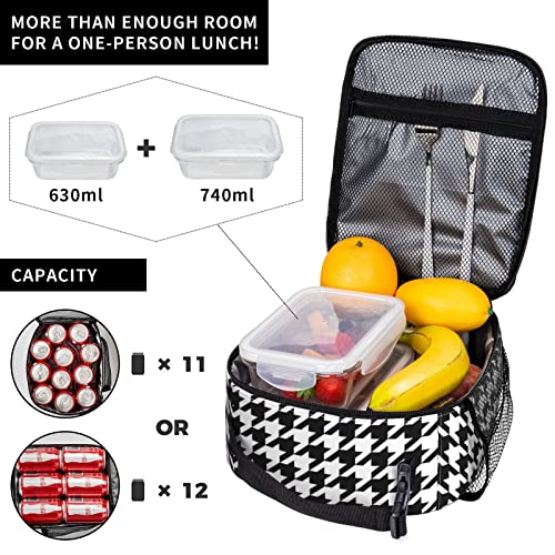 TGUBJGV Black and White Houndstooth Unisex Lunch Bag Tote Meal Bag Reusable Insulated Portable Lunch Box Handbags
