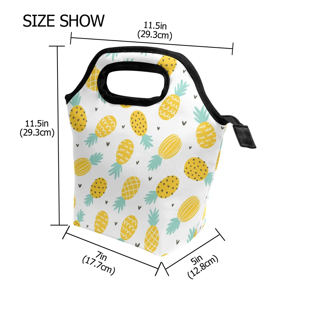 Neoprene Lunch Bag Pineapple And Hearts Printed Tote Reusable Insulated Waterproof School Picnic Carrying Gourmet Lunchbox Container Organizer For Men, Women, Adults, Kids, Girls, Boys