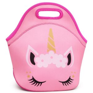 moonmo cat face unicorn face insulated neoprene lunch bag for women and kids - reusable soft lunch tote for work and school (unicorn pink)