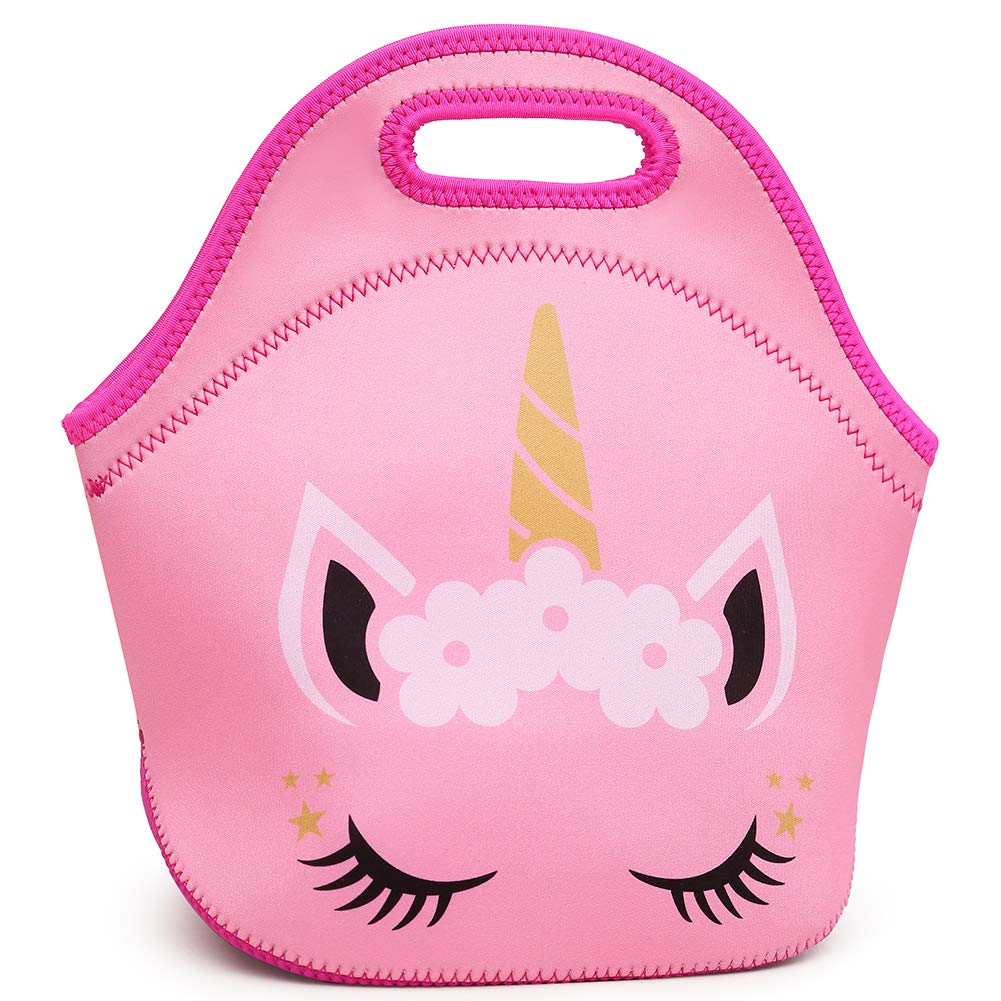 Moonmo Cat Face Unicorn Face Insulated Neoprene Lunch Bag for Women and Kids - Reusable Soft Lunch Tote for Work and School (Unicorn Pink)