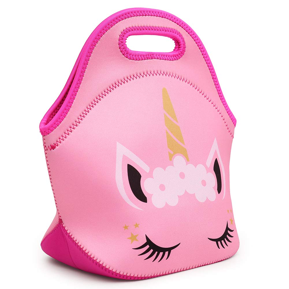 Moonmo Cat Face Unicorn Face Insulated Neoprene Lunch Bag for Women and Kids - Reusable Soft Lunch Tote for Work and School (Unicorn Pink)