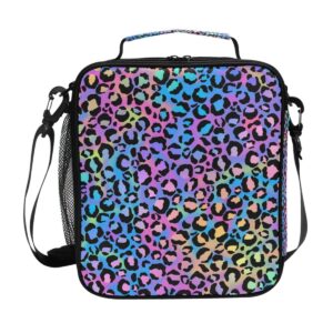 mnsruu lunch bags for boys girls student, rainbow leopard reusable insulated lunch cooler bag organizer thermal meal tote kit, lunch box with adjustable shoulder strap