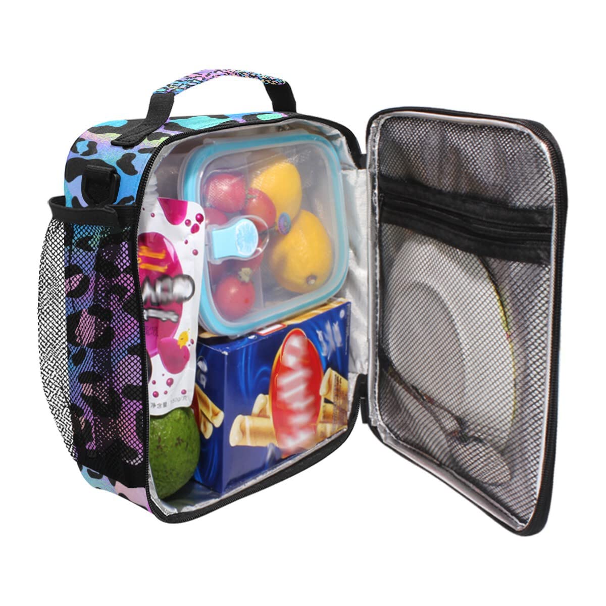 MNSRUU Lunch Bags for Boys Girls Student, Rainbow Leopard Reusable Insulated Lunch Cooler Bag Organizer Thermal Meal Tote Kit, Lunch Box with Adjustable Shoulder Strap