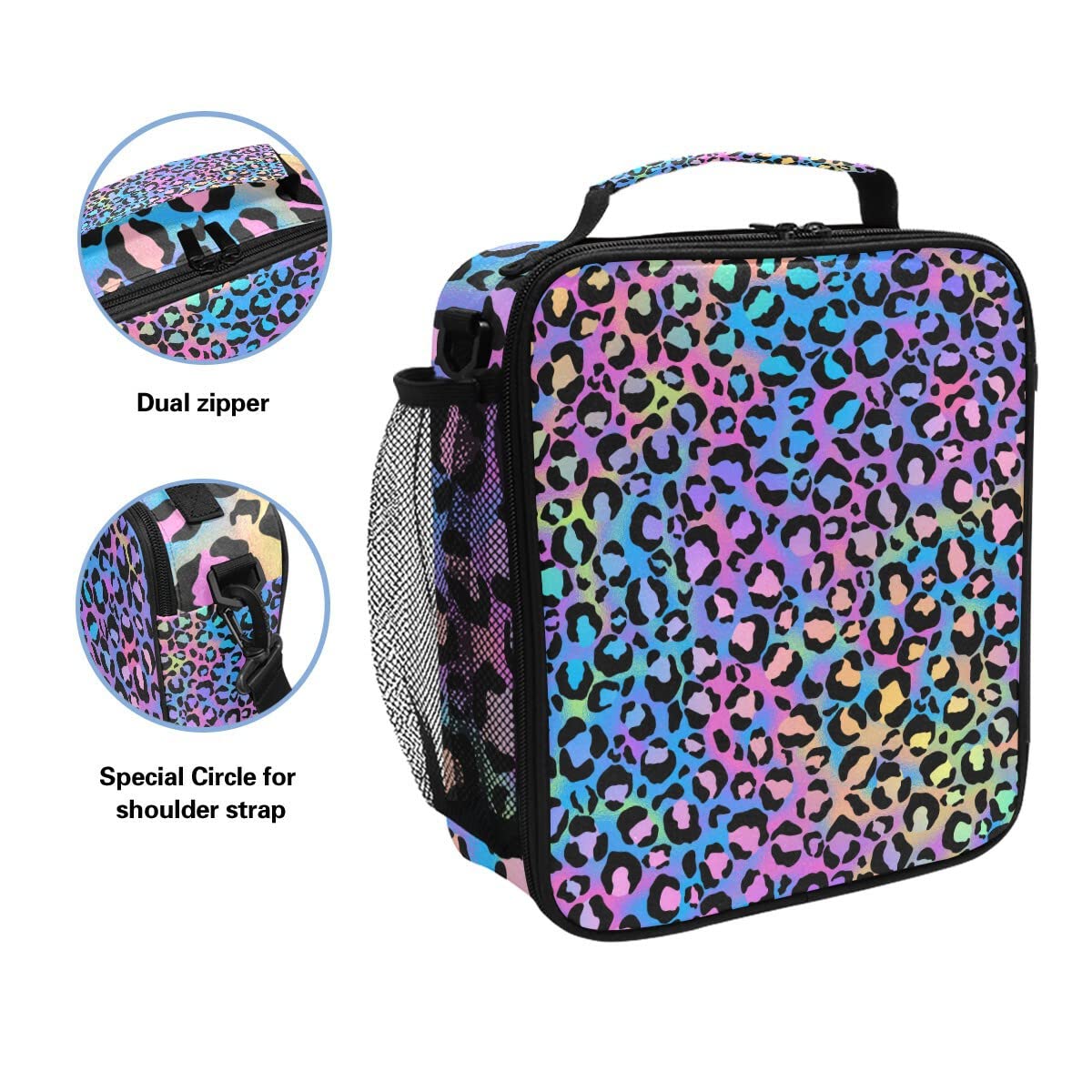 MNSRUU Lunch Bags for Boys Girls Student, Rainbow Leopard Reusable Insulated Lunch Cooler Bag Organizer Thermal Meal Tote Kit, Lunch Box with Adjustable Shoulder Strap