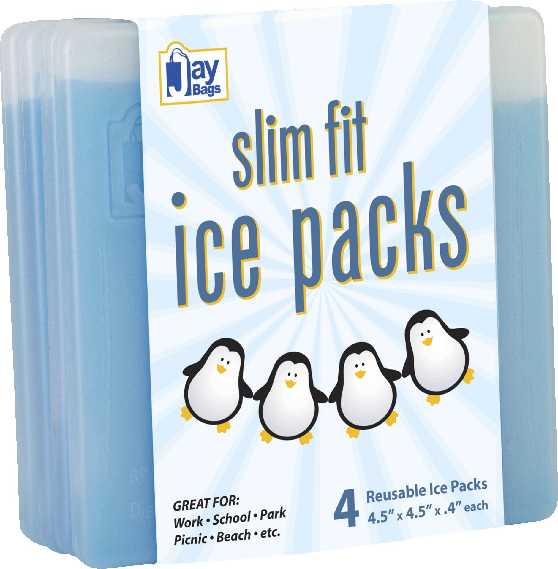 Jay Bags Slim Fit Ice Packs for Coolers, Lunch Boxes, and Lunch Bags, Reusable, 4.5" x 4.5" x 0.4" Inches, 4 Pack