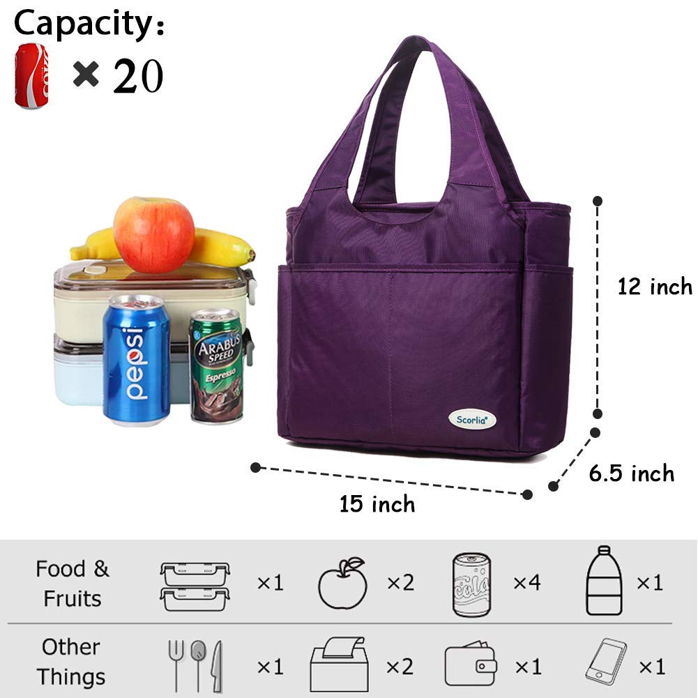 Scorlia Insulated Lunch Shoulder bag and Tote bag, Extra Large Leakproof Lunch Tote Handbag, Durable Reusable Cooler Ladies lunch Box Bag with Side pockets, Tall Drinks Holder for Women Men