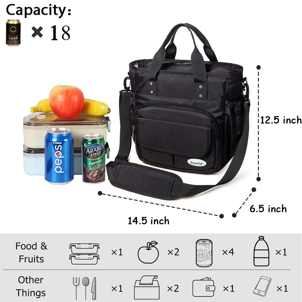 Scorlia Insulated Lunch Shoulder bag and Tote bag, Extra Large Leakproof Lunch Tote Handbag, Durable Reusable Cooler Ladies lunch Box Bag with Side pockets, Tall Drinks Holder for Women Men