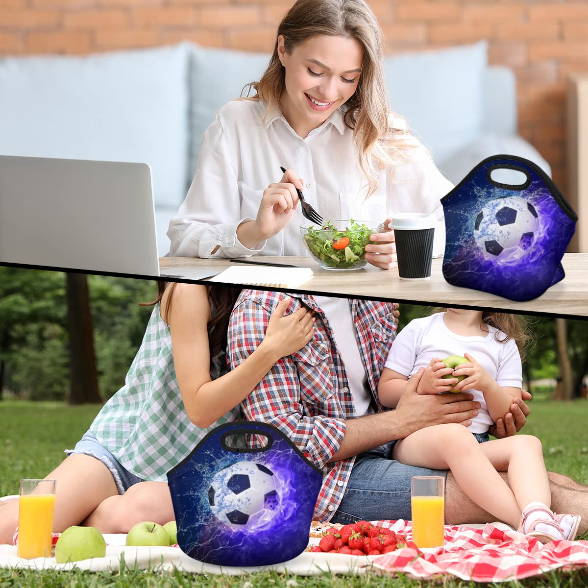 Insulated Neoprene Lunch Bag for Women Men Kids Purple Soccer Ball Sport Football Lunch Box Reusable Small Lunch Tote Bag Cooler Bag for School Work Picnic