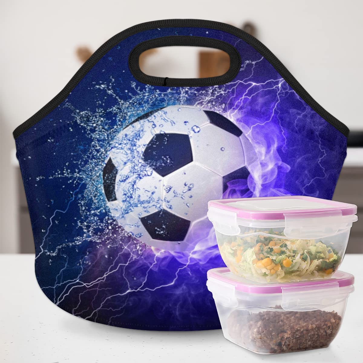 Insulated Neoprene Lunch Bag for Women Men Kids Purple Soccer Ball Sport Football Lunch Box Reusable Small Lunch Tote Bag Cooler Bag for School Work Picnic