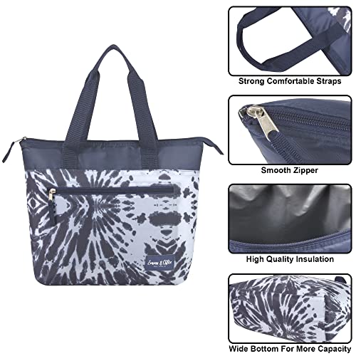 Extra-Large Lunch Tote for Women Insulated Can Cooler with Pocket, Emma and Chloe Lunch Bags (Grey Tie Dye)