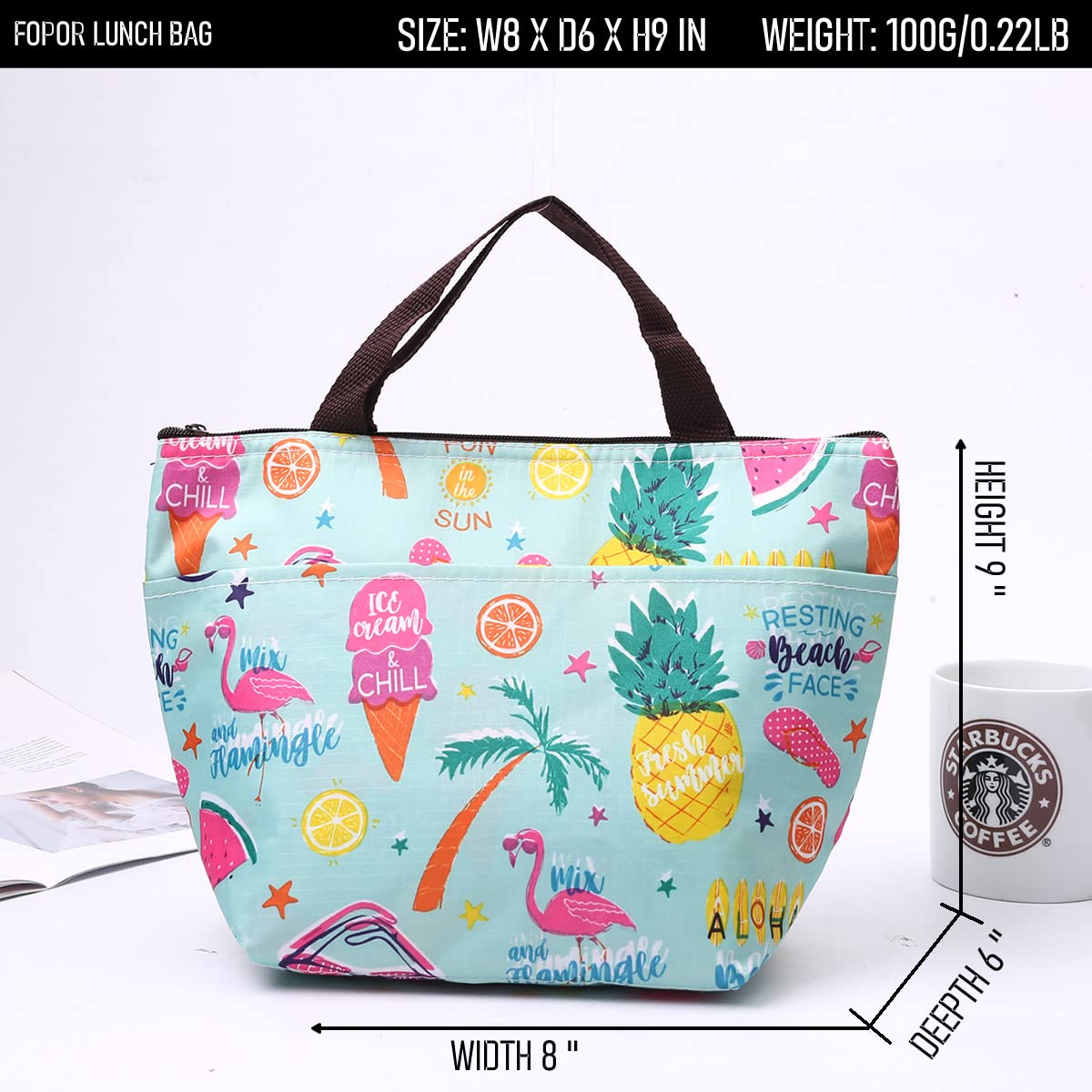 fopor Small Picnic Insulated Cooler Bags - Thermal Canvas Lunch Tote with Pocket Handle,Beach Camping Party Office Work Garden Reusable Picnic Diner Lunch Insulated Bags/Colorful Fruits