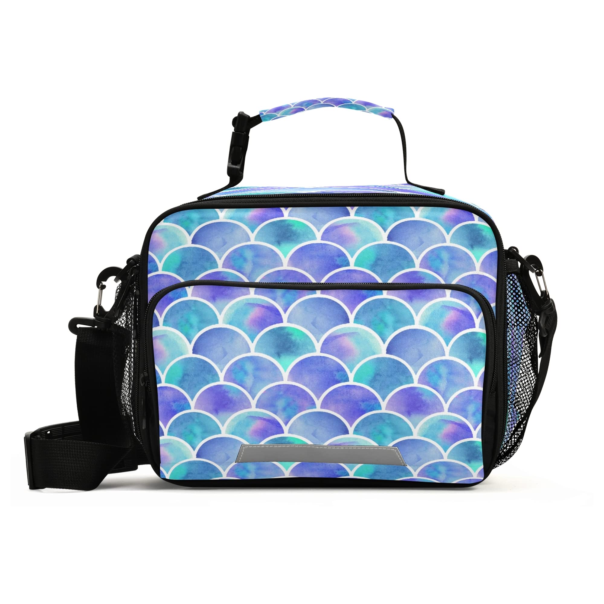 ZOEO Girls Mermaid Lunch Box Royal Blue Fish Scales School Kids Lunch Bag for Women Teens Snacks Insulated Cooler Tote Ice Pack Freezable, Fits Bento Boxes, External Bottle Holder