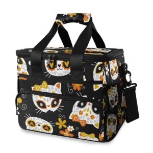 alaza cute cat sugar skulls and flowers on black large lunch bag insulated lunch box soft cooler cooling tote for grocery, camping, car