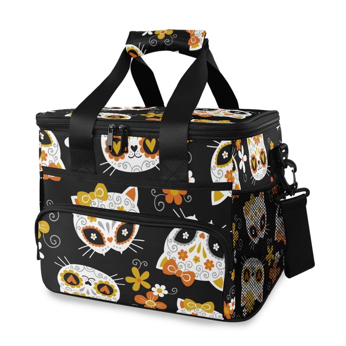 ALAZA Cute Cat Sugar Skulls and Flowers on Black Large Lunch Bag Insulated Lunch Box Soft Cooler Cooling Tote for Grocery, Camping, Car