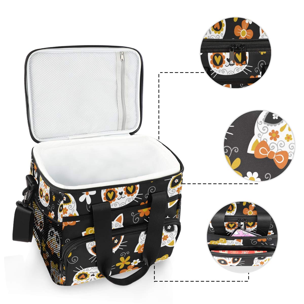 ALAZA Cute Cat Sugar Skulls and Flowers on Black Large Lunch Bag Insulated Lunch Box Soft Cooler Cooling Tote for Grocery, Camping, Car