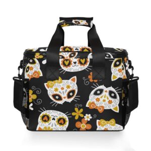 ALAZA Cute Cat Sugar Skulls and Flowers on Black Large Lunch Bag Insulated Lunch Box Soft Cooler Cooling Tote for Grocery, Camping, Car