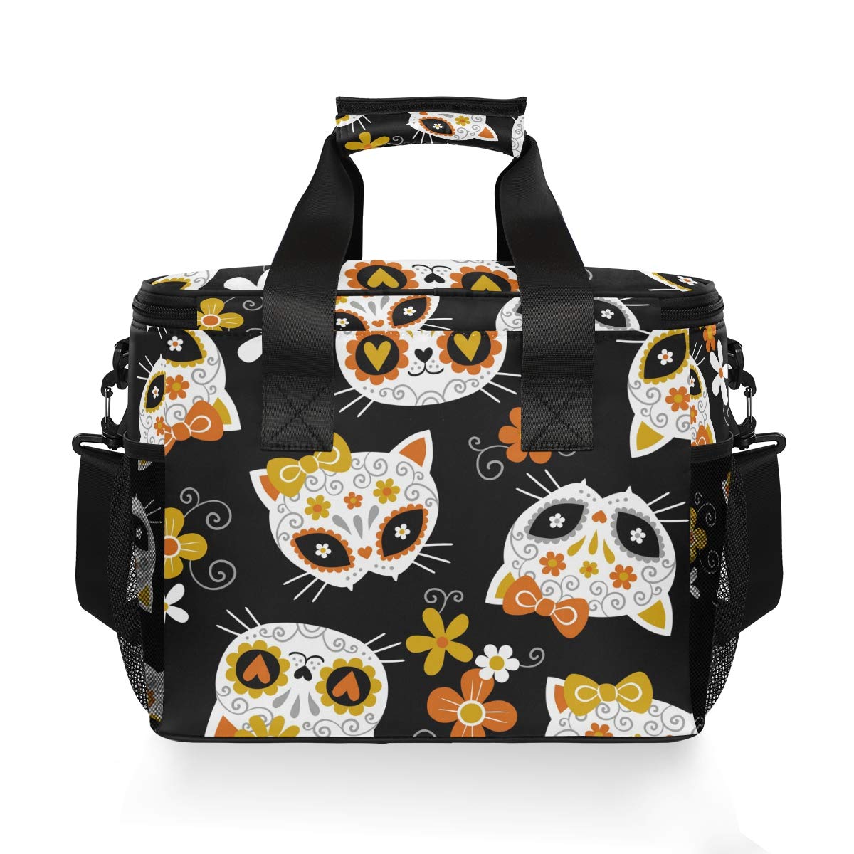 ALAZA Cute Cat Sugar Skulls and Flowers on Black Large Lunch Bag Insulated Lunch Box Soft Cooler Cooling Tote for Grocery, Camping, Car