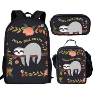 showudesigns sloth schoobag set insulated school backpack + lunch bag with holder + pencil case 3 pieces