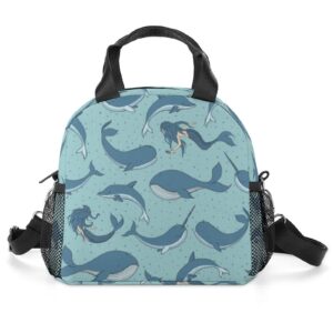 whales mermaids narwhals lunch bag, lunch box portable insulated lunch tote bag, thermal cooler bag for women work outdoor