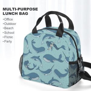 Whales Mermaids Narwhals Lunch Bag, Lunch Box Portable Insulated Lunch Tote Bag, Thermal Cooler Bag for Women Work Outdoor