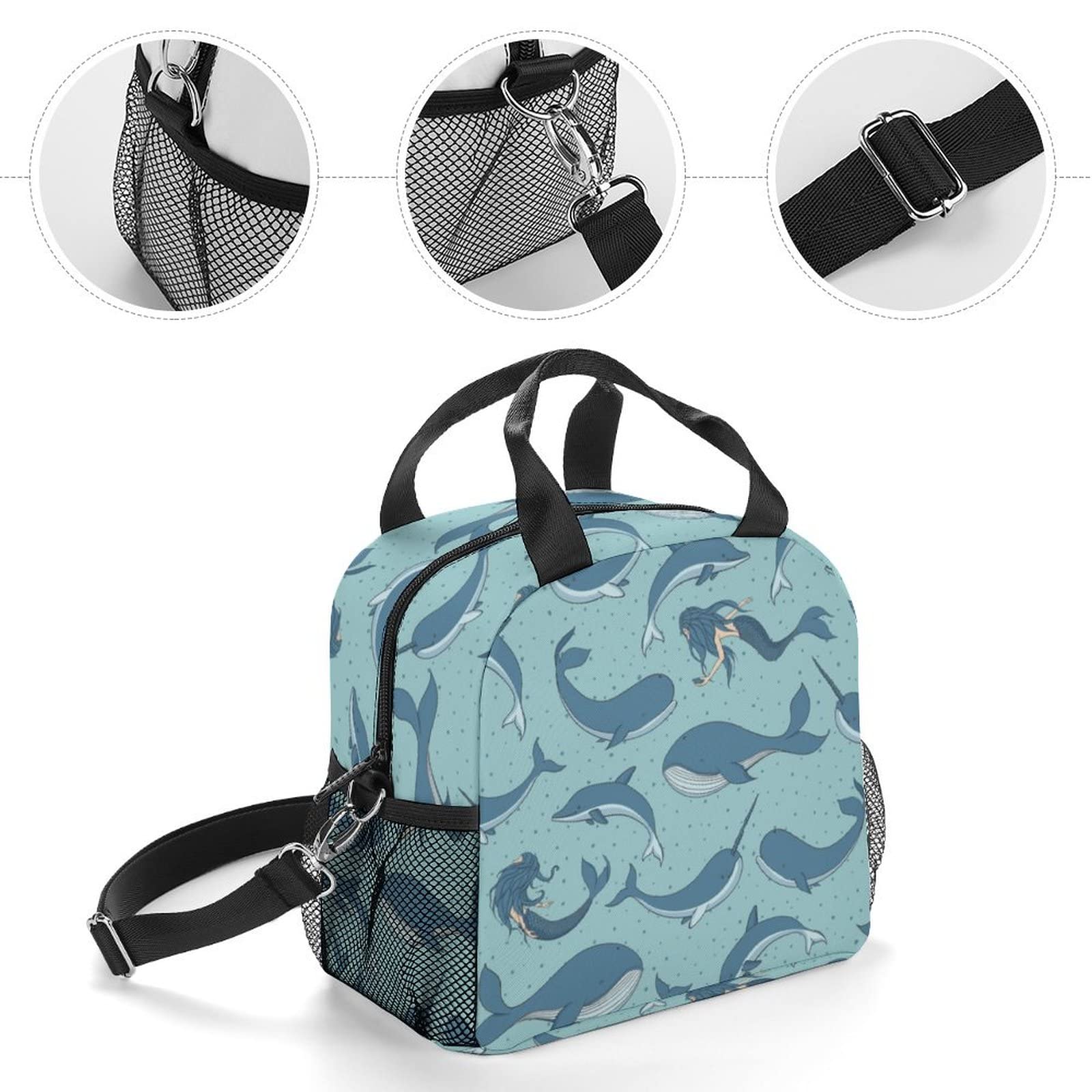 Whales Mermaids Narwhals Lunch Bag, Lunch Box Portable Insulated Lunch Tote Bag, Thermal Cooler Bag for Women Work Outdoor