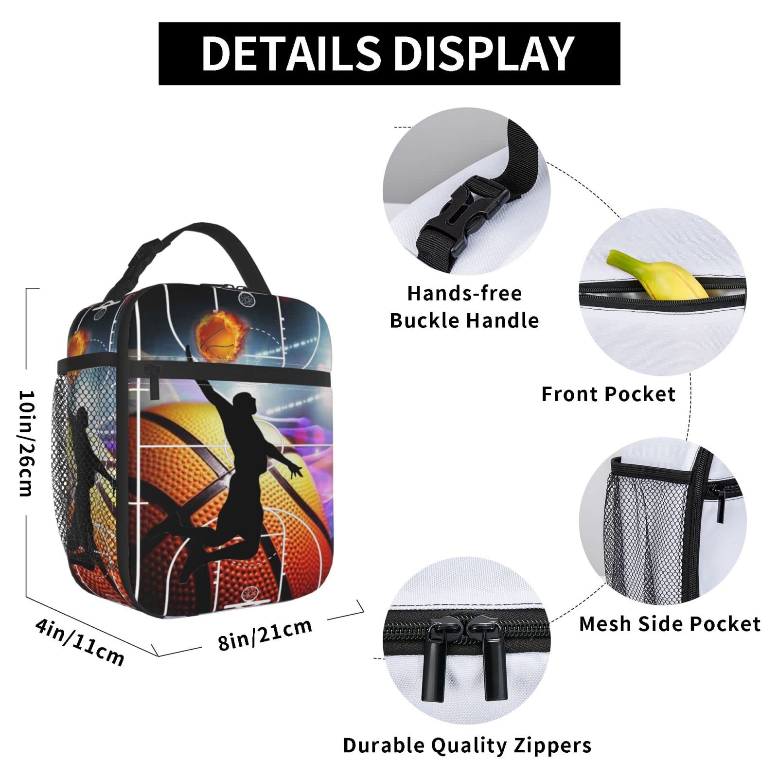 DICITNET Lunch Bag Basketball Lunch Bag, Portable Tote Bento Pouch Lunch Box, Adult Women men Girls Boys Zipper Bags, Package For Picnic/Boating/Beach/Fishing/Work