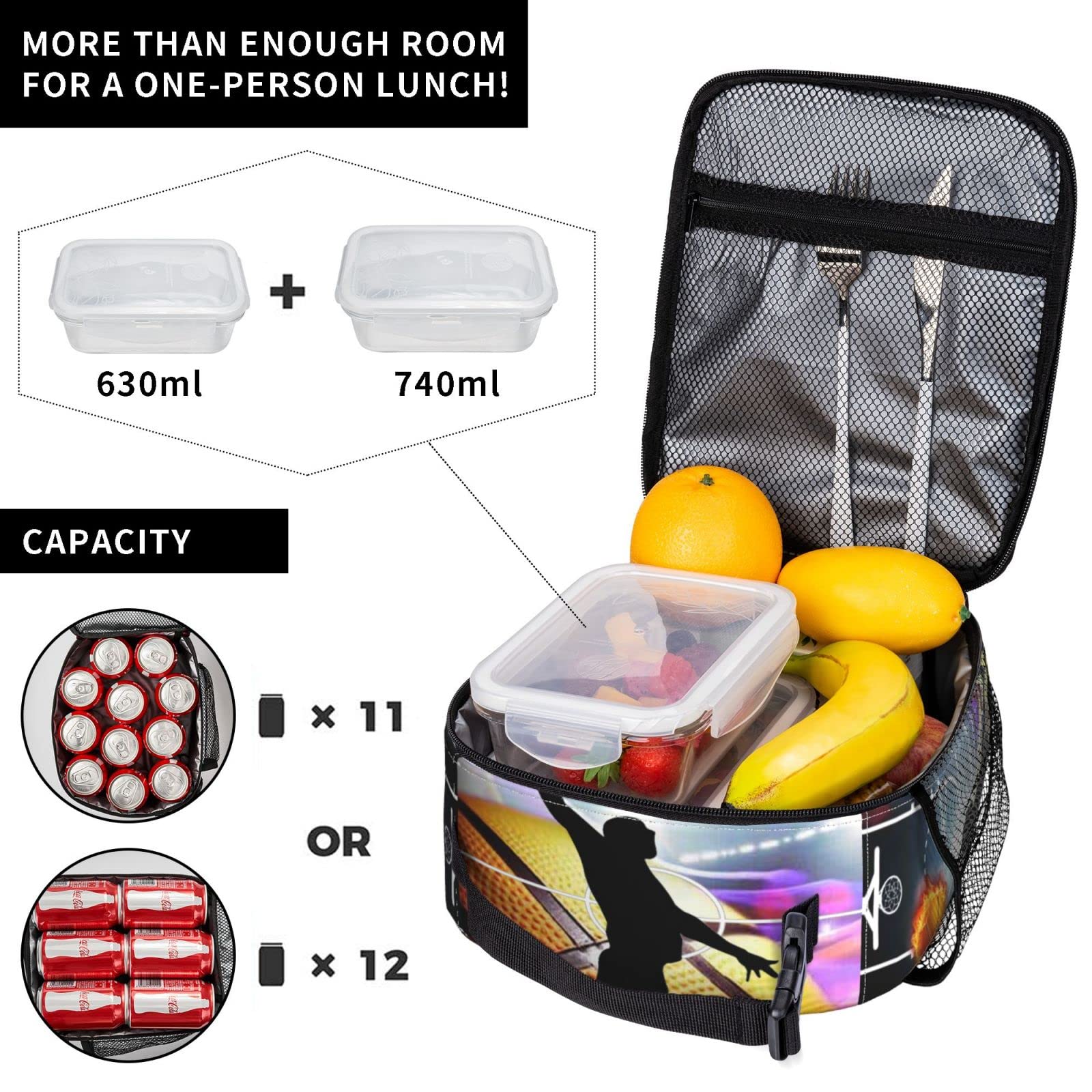 DICITNET Lunch Bag Basketball Lunch Bag, Portable Tote Bento Pouch Lunch Box, Adult Women men Girls Boys Zipper Bags, Package For Picnic/Boating/Beach/Fishing/Work