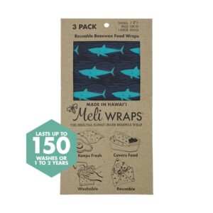 Meli Wraps - 3-Pack Reusable Beeswax Wraps for Food, Eco-Conscious Food Storage, Small, Medium and Large Food Wrap, Shark