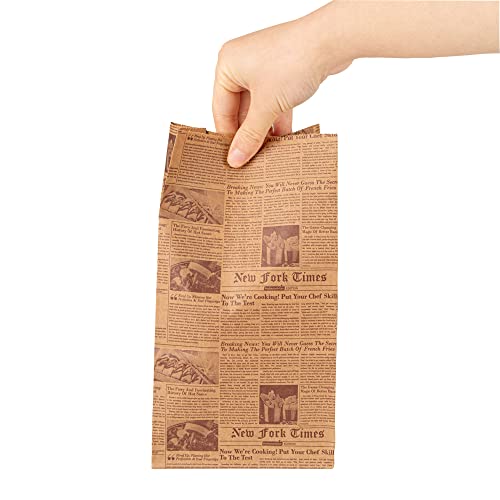 Restaurantware Bag Tek 4 Lb Disposable Lunch Bags 100 Sturdy Take Out Bags - Flat Bottom Microwavable Kraft Newsprint Design Paper Bags Freezable Great For Restaurants Cafes And Bakeries