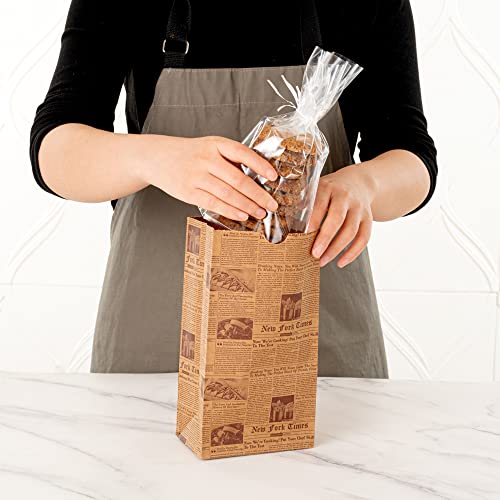 Restaurantware Bag Tek 4 Lb Disposable Lunch Bags 100 Sturdy Take Out Bags - Flat Bottom Microwavable Kraft Newsprint Design Paper Bags Freezable Great For Restaurants Cafes And Bakeries