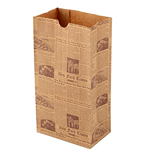 Restaurantware Bag Tek 4 Lb Disposable Lunch Bags 100 Sturdy Take Out Bags - Flat Bottom Microwavable Kraft Newsprint Design Paper Bags Freezable Great For Restaurants Cafes And Bakeries