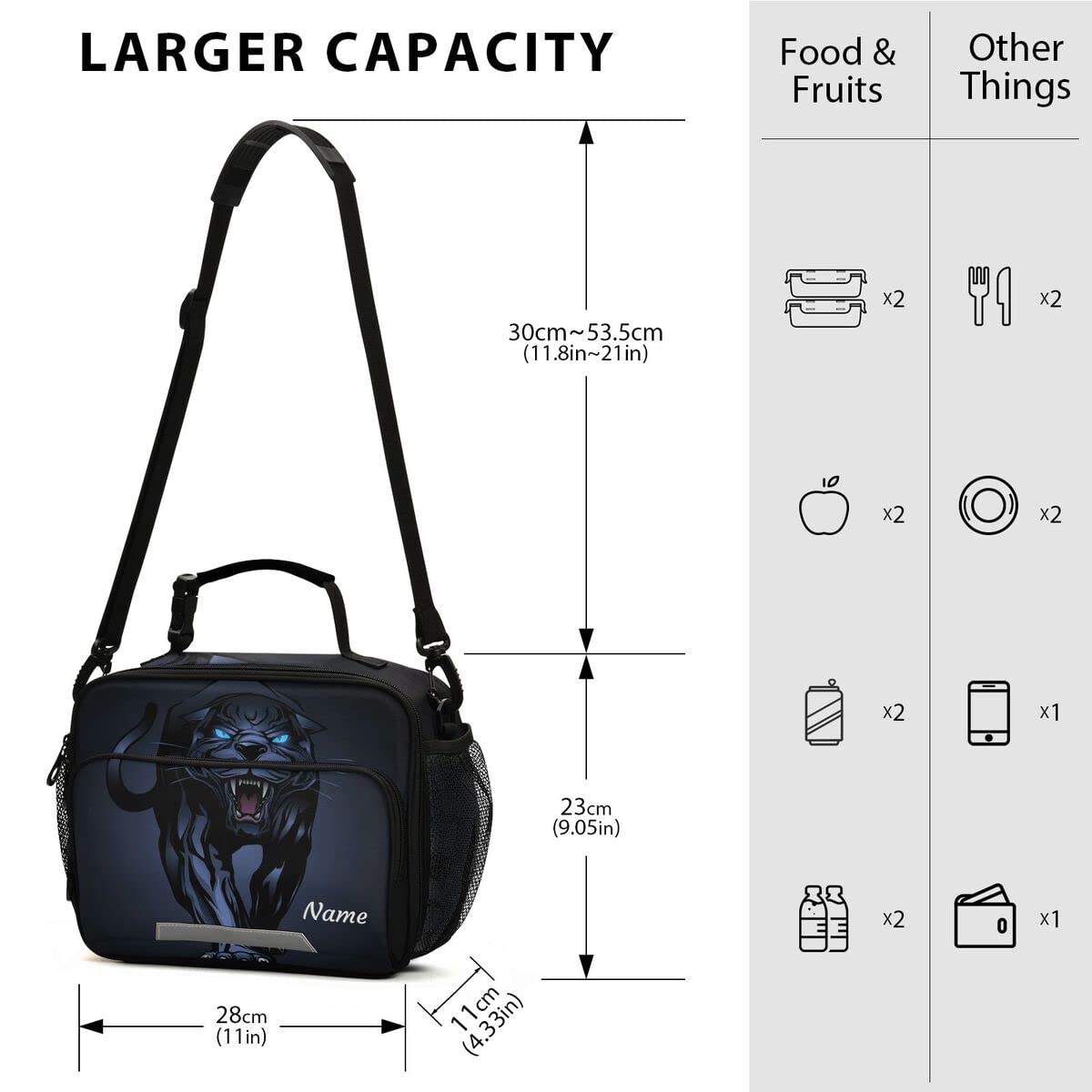 Roaring Black Panther Pesonalized Lunch Box, Custom Lunch Bag with Adjustable Shoulder Strap Insulated Tote Bag Picnic Box for School Teens Snacks Cooler Tote