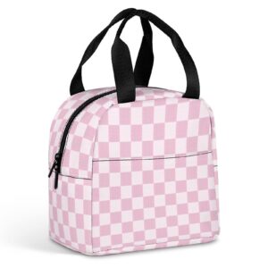 abstract geometric pink checkered lunch bag for women men, insulated meal bag, lunch tote bag for work outdoor