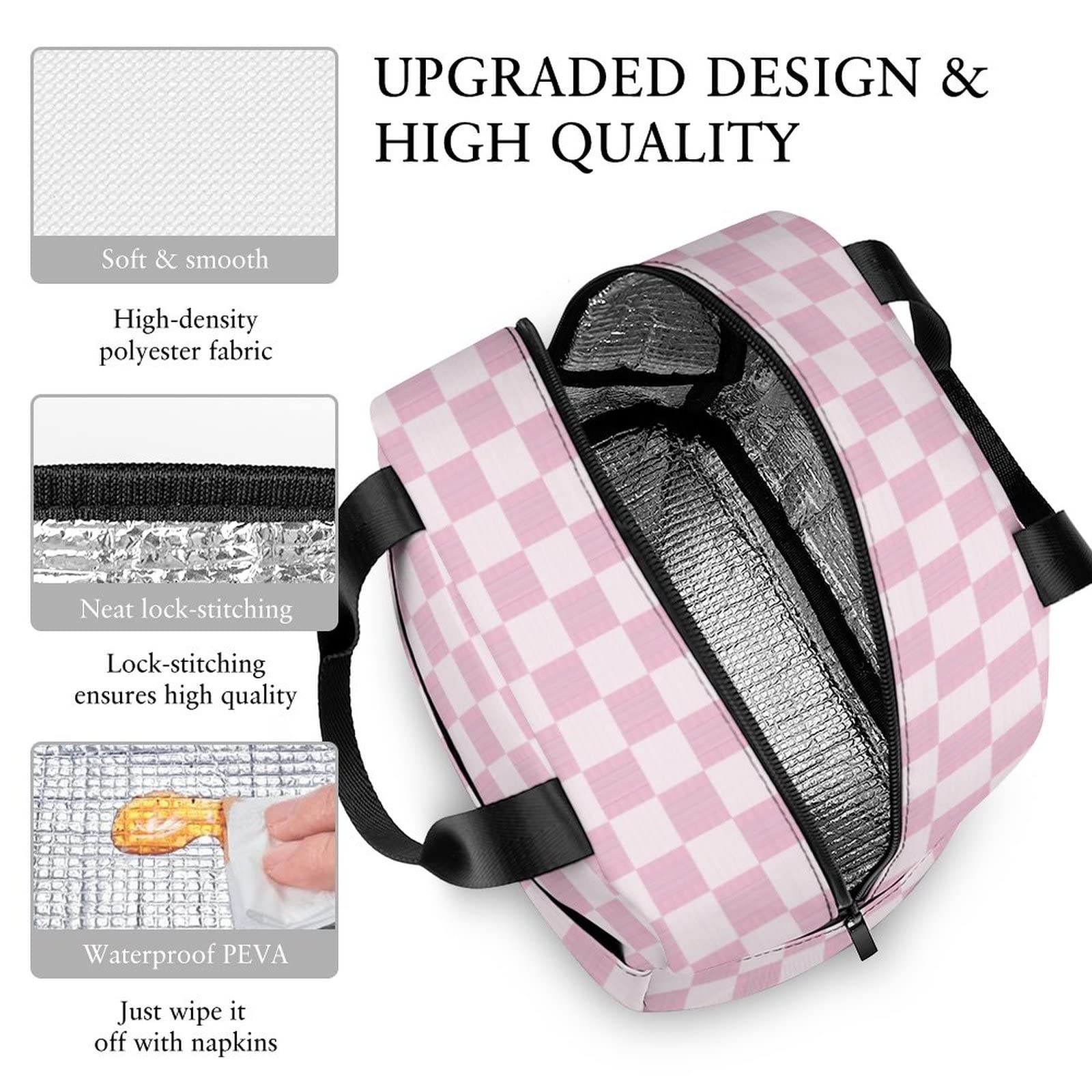 Abstract Geometric Pink Checkered Lunch Bag for Women Men, Insulated Meal Bag, Lunch Tote Bag for Work Outdoor