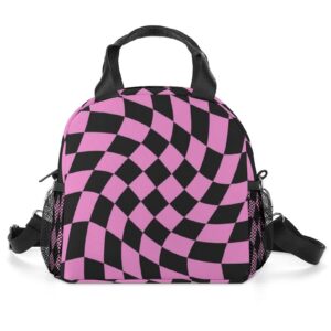 black bright pink checkered lunch bag, lunch box portable insulated lunch tote bag, thermal cooler bag for women work outdoor