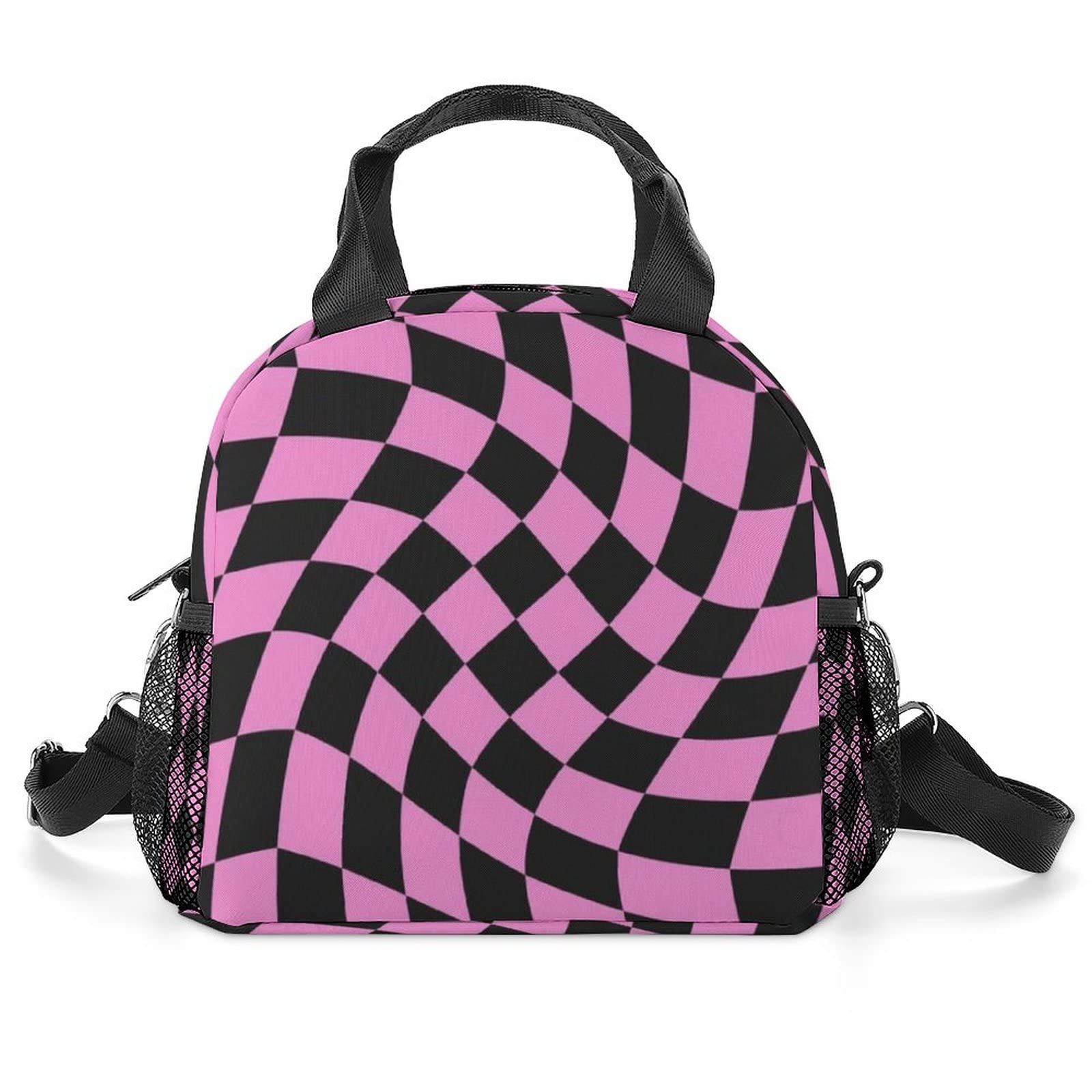 Black Bright Pink Checkered Lunch Bag, Lunch Box Portable Insulated Lunch Tote Bag, Thermal Cooler Bag for Women Work Outdoor