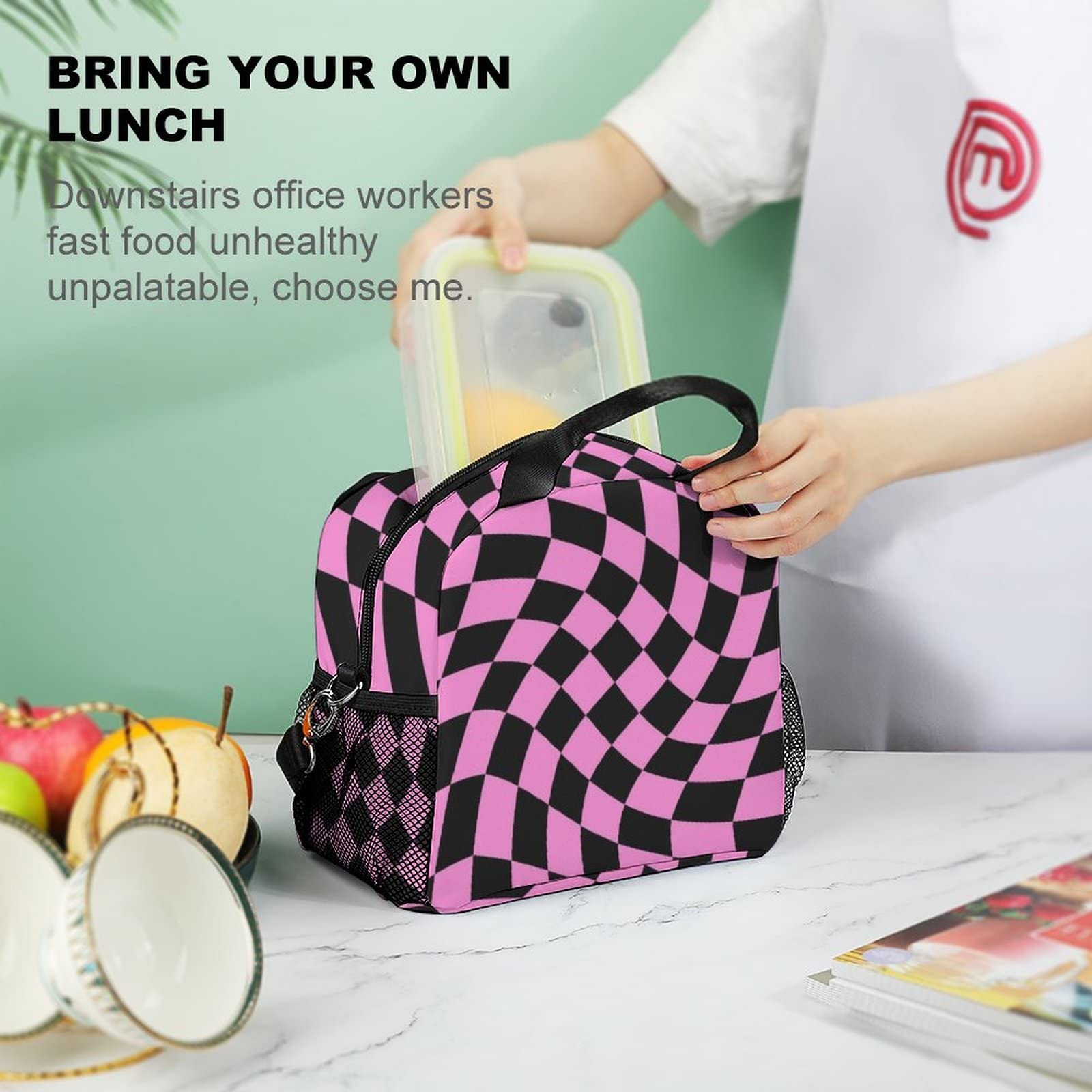 Black Bright Pink Checkered Lunch Bag, Lunch Box Portable Insulated Lunch Tote Bag, Thermal Cooler Bag for Women Work Outdoor