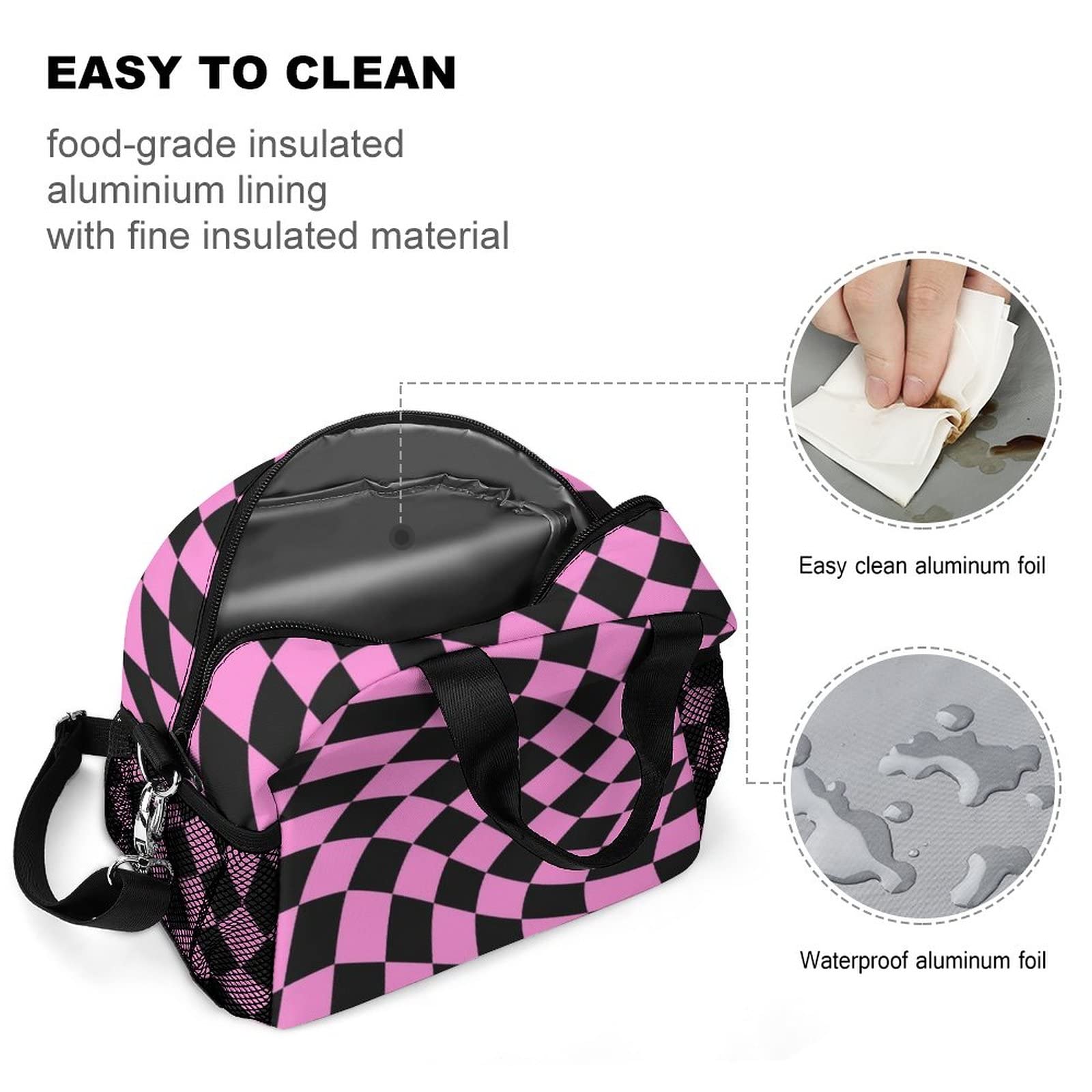 Black Bright Pink Checkered Lunch Bag, Lunch Box Portable Insulated Lunch Tote Bag, Thermal Cooler Bag for Women Work Outdoor